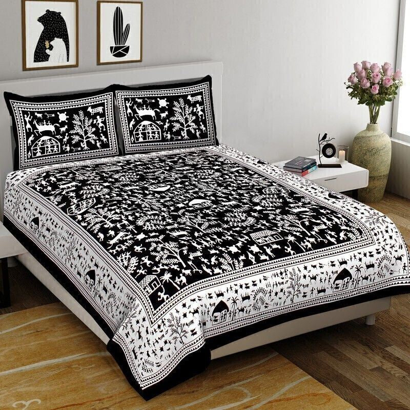 Warli Cotton Bedsheet (Black,White) - 240 TC media 3