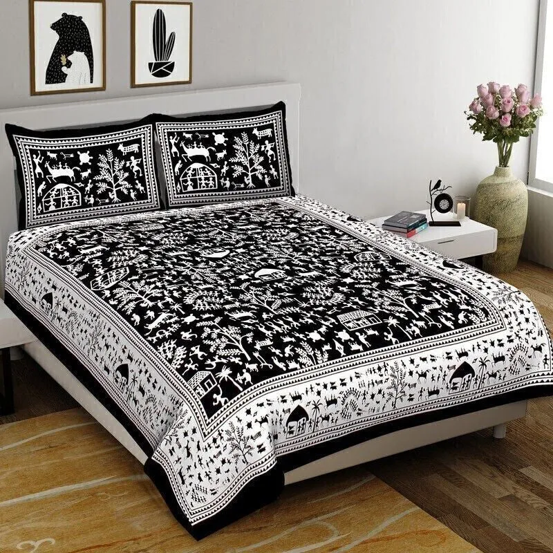 Warli Cotton Bedsheet (Black,White) - 240 TC media 3