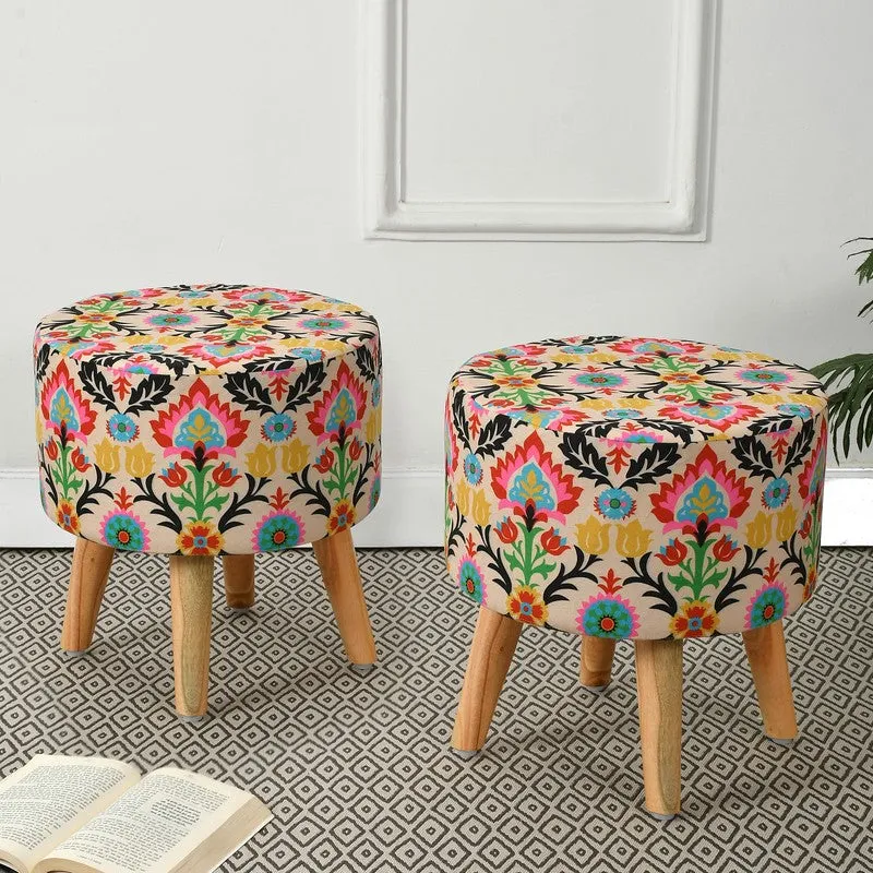 Avira Leaf Print Multicolor Engineered Wood Ottomans - Set Of Two media 1