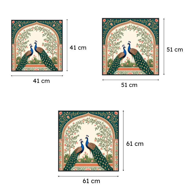 Three size views of the peacock wall painting with dimensions shown