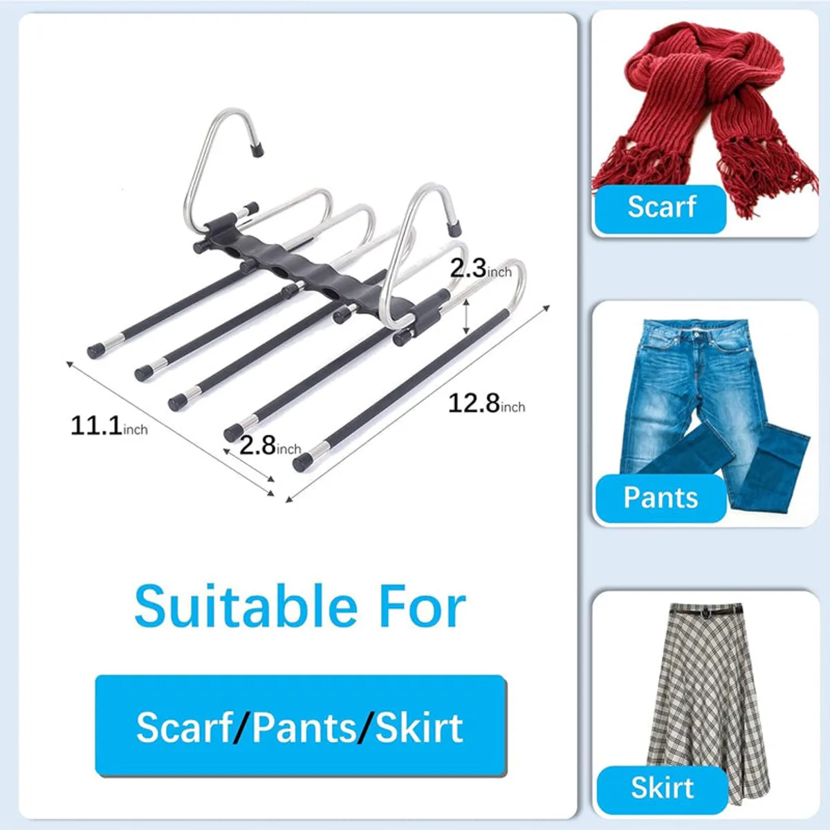 Single metallic multi-tier hanger with black grips shown with garment examples