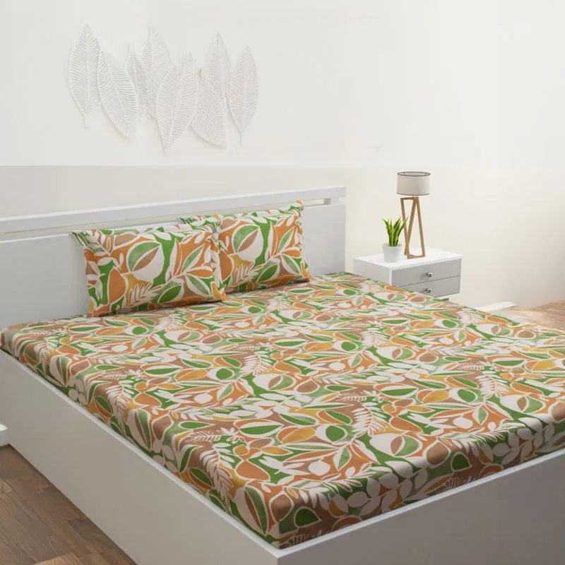 Spa Florals Cotton Bedsheet (Green, Orange) - 144 TC media 1