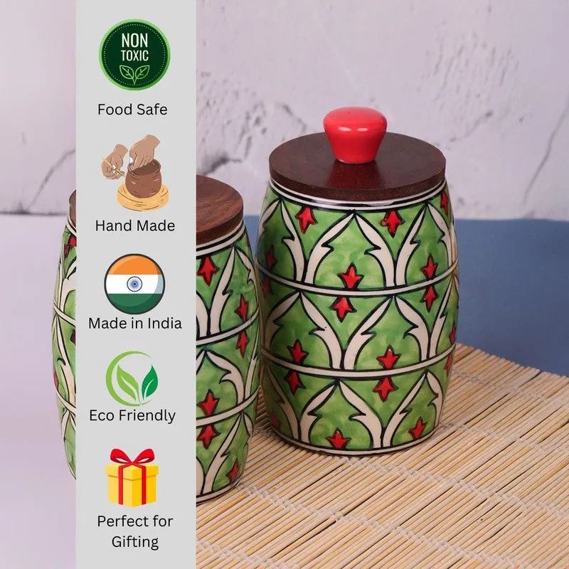 Handcrafted Ceramic Jar (Green, 550 mL Each) - Set Of Two media 8