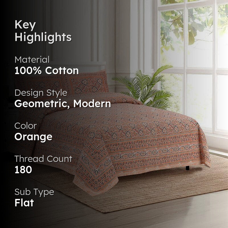 Seijun Mural Cotton Bedsheet (Orange) - 180 TC media 2