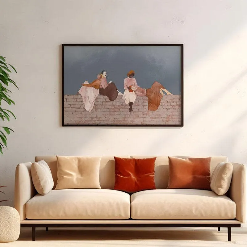 Black-framed wall painting with seated figures styled above a beige sofa