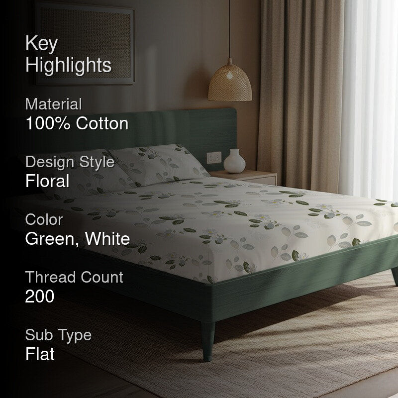 Verdant Garden Floral Cotton Bedsheets (Green & White) - 200 TC media 2