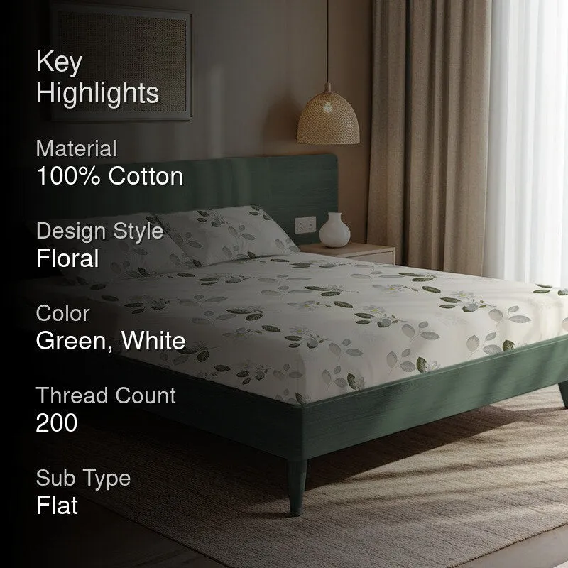 Verdant Garden Floral Cotton Bedsheets (Green & White) - 200 TC media 2