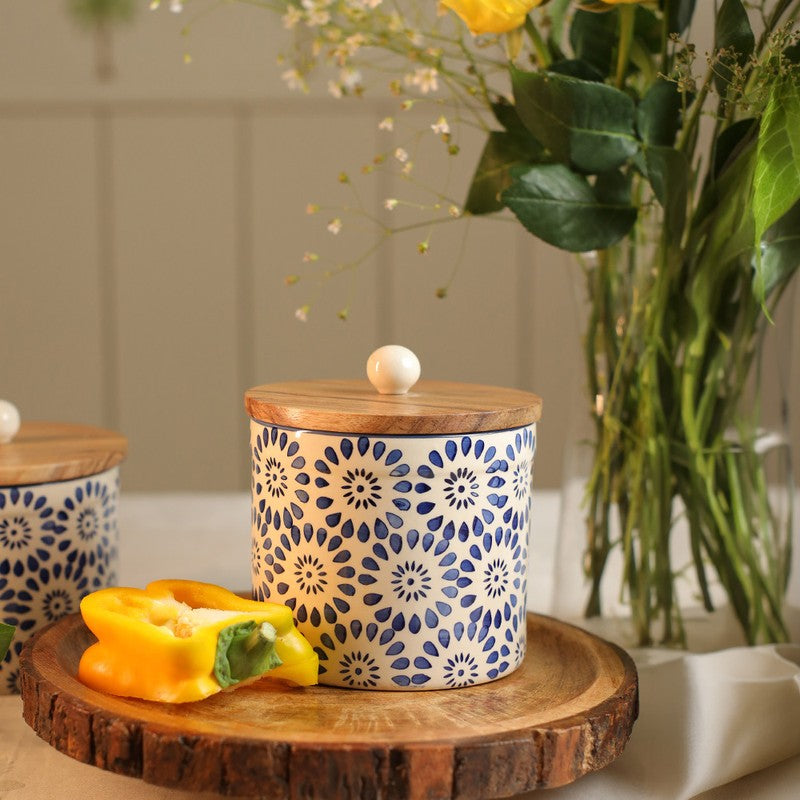 Hellenic Heritage Ceramic Storage Jar with Mango Wood Lid - 800 mL
