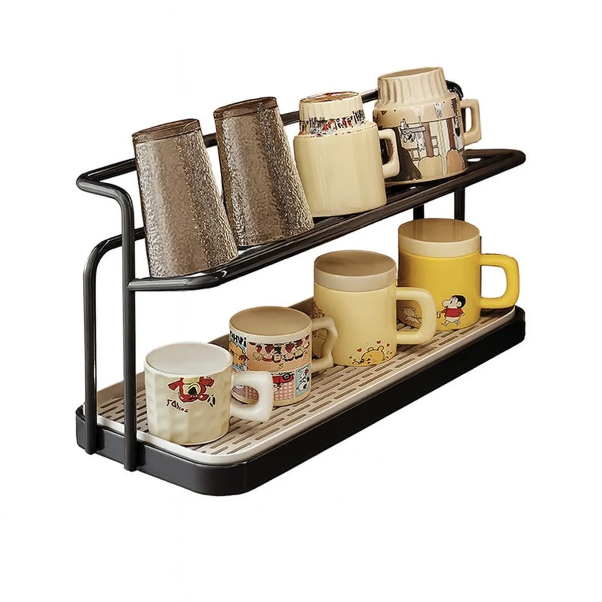 Black two-tier cup organiser with tray shown against a white background