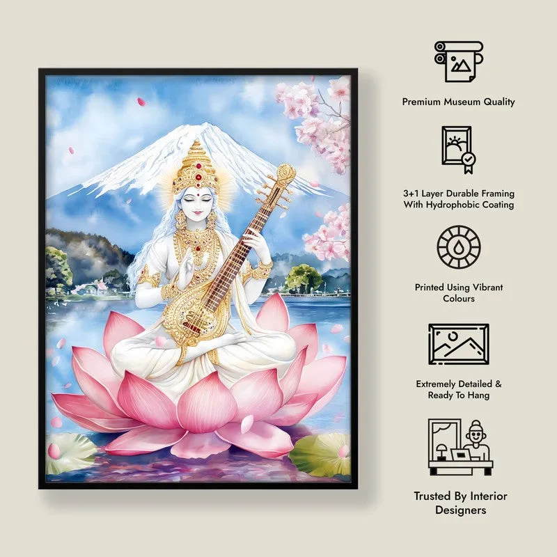Padmasana Saraswati Spiritual Archival Paper Wall Painting With Frame - Black media 8