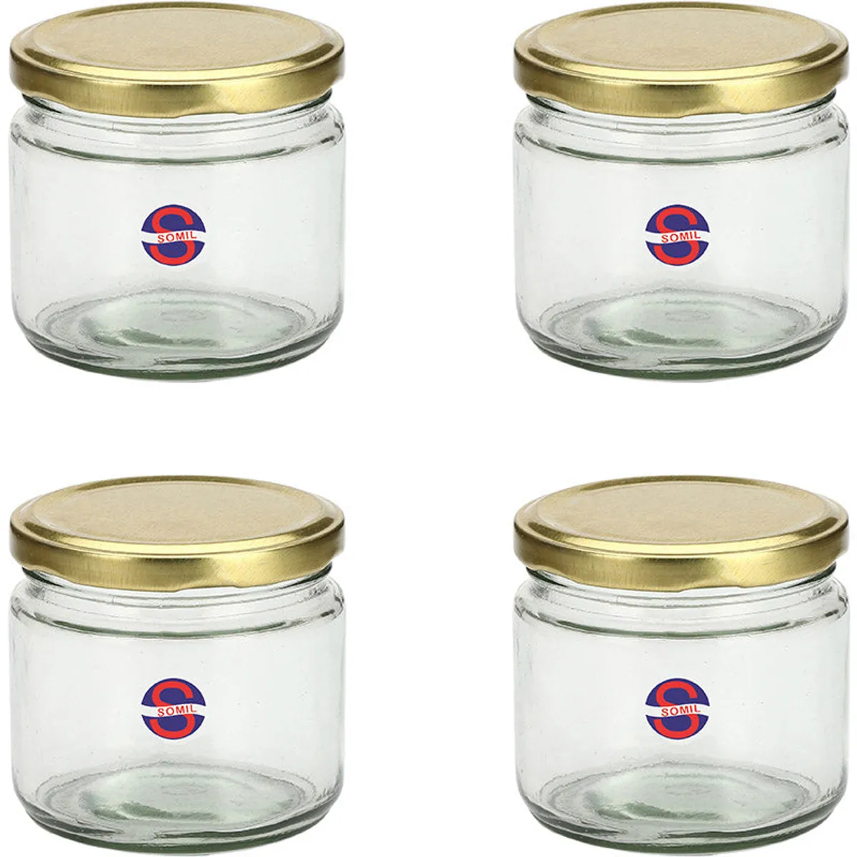 Four clear storage jars with matching golden lids