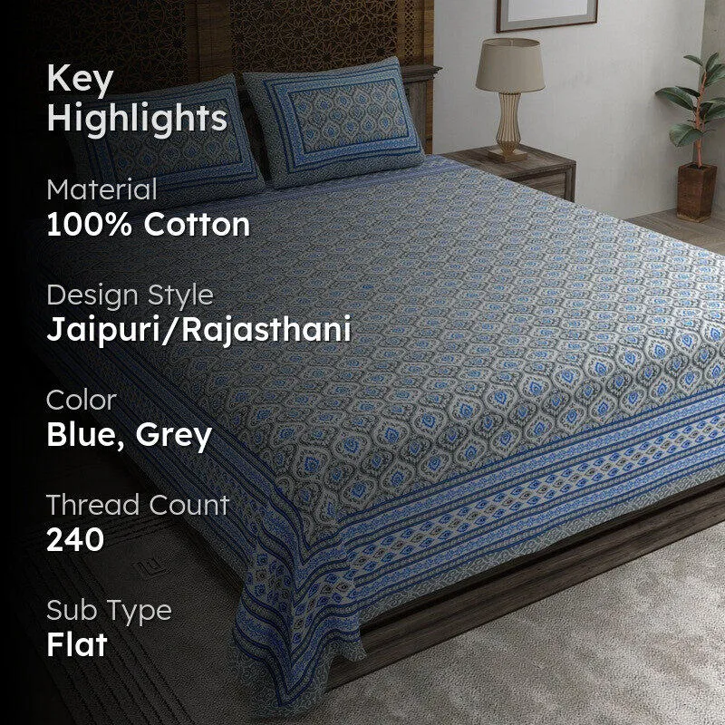 Leafa Cotton Bedsheet (Blue,Grey) - 240 TC media 2