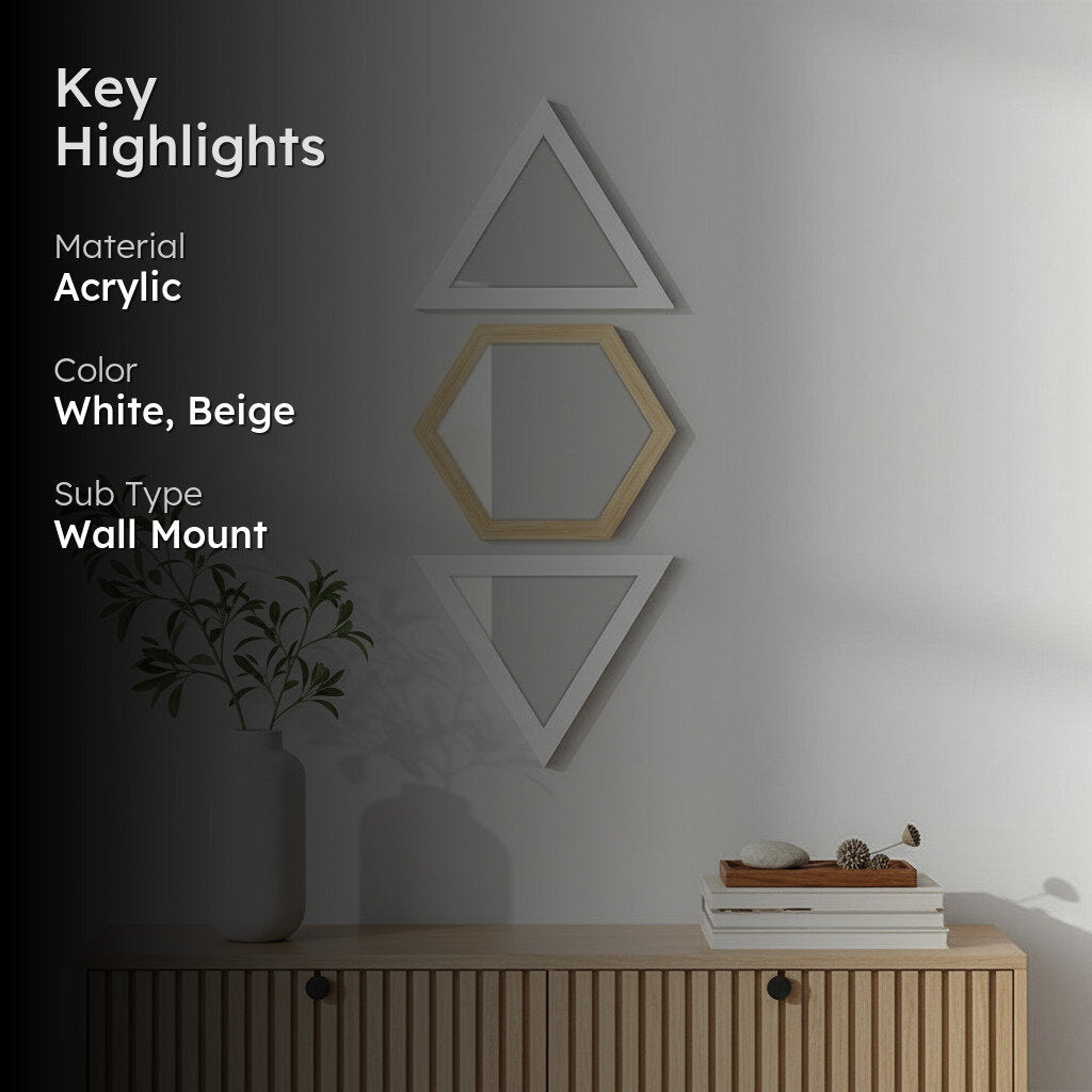 Facet Glow Wall Mirror (White,Beige)- Set of Three media 3