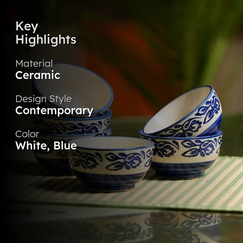BiteNest Ceramic Snack Bowls (White,Blue, 150 mL Each) - Set Of Six media 2