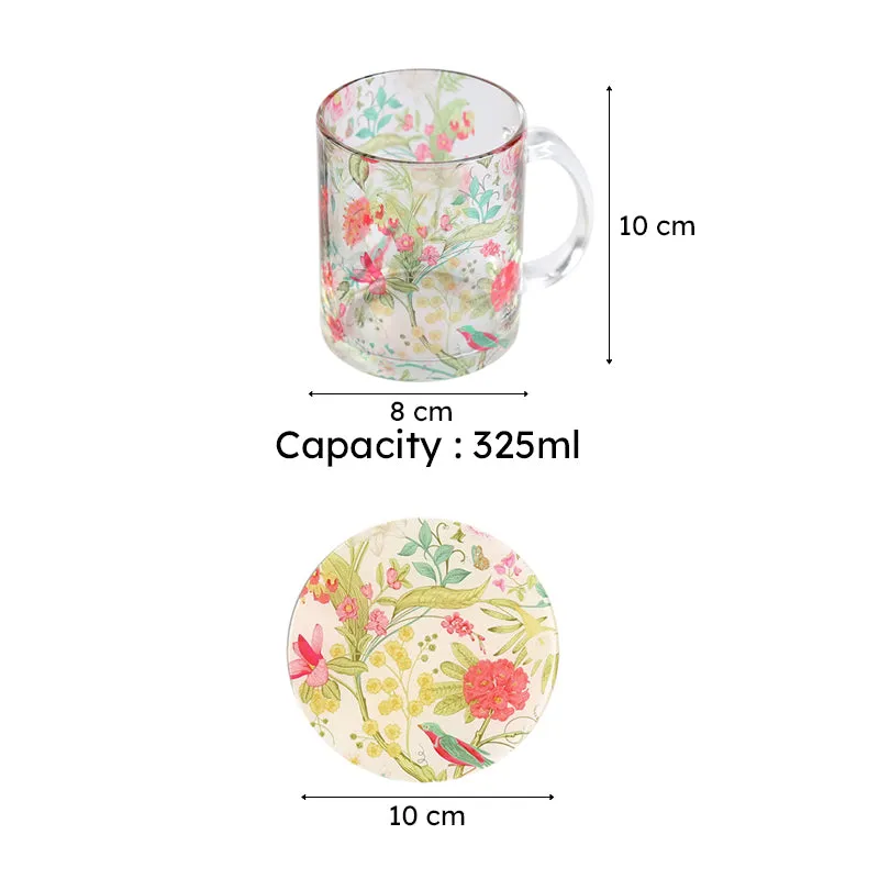 India Circus Vine Blooms Glass Mug With Coaster (325 mL Each) - Four Piece Set media 7