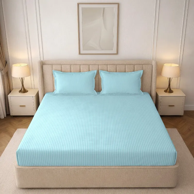 StripeScape Glace Cotton Fitted Bedsheet (Sky Blue) - 130 GSM - 5