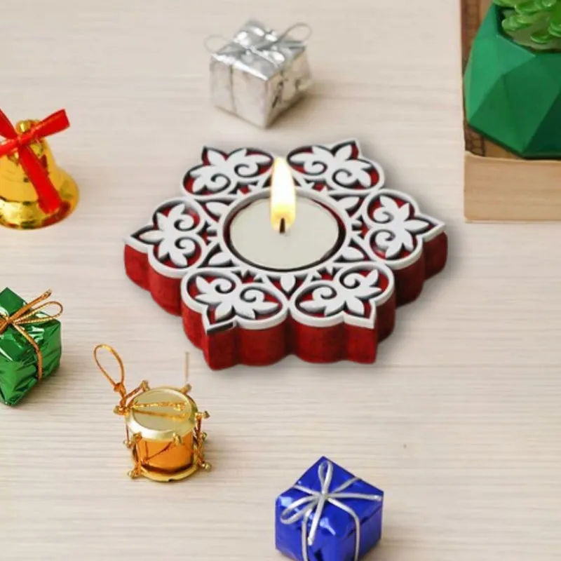 Winter Spark Carved Wood Tea Light Holder (Red) - Set Of Six media 5