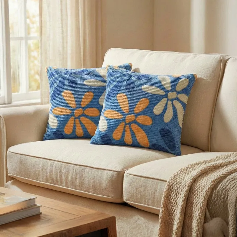 FloralGrace Cushion Cover (Blue, Yellow) - Set Of Two media 1