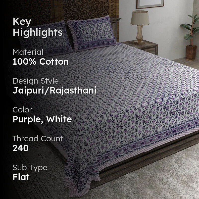Blossomis Cotton Bedsheet (Purple,White) - 240 TC media 2