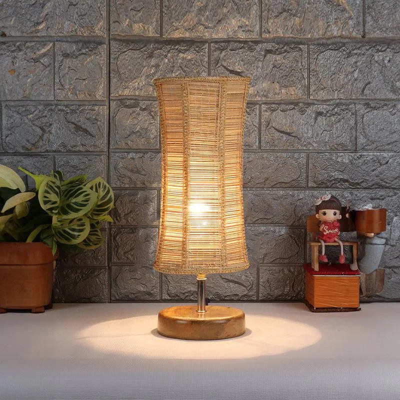 Hisha Nova Wooden Table Lamp With Bamboo Shade - Beige,Brown media 1