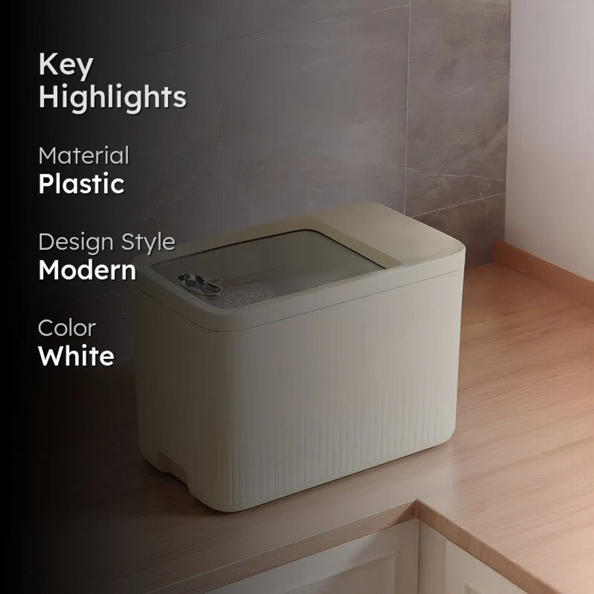 Cream-white rectangular grain container with a dark translucent-looking lid area