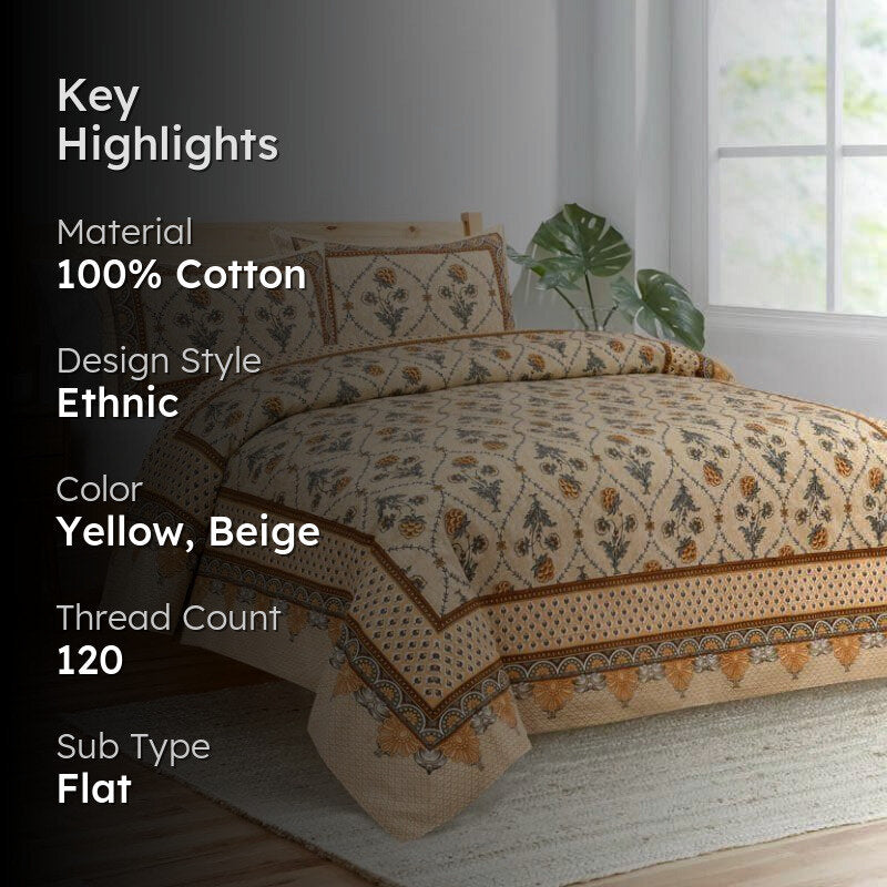 Mughal Jaali Printed Cotton Bedsheet (Yellow,Beige) - 120 TC media 2