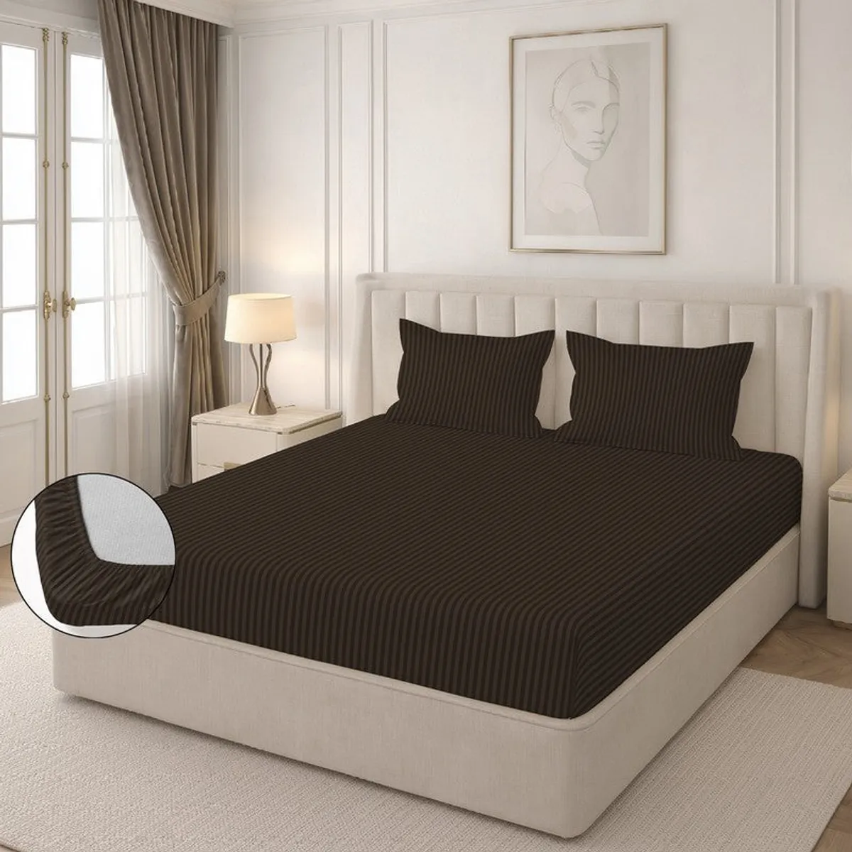 Brown striped fitted bedsheet on a modern double bed, shown from the side