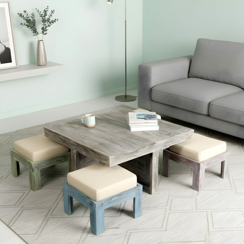 Fervon Sheesham Wooden Center Table with Stools and Cushions (Grey,White) - Nine Piece Set