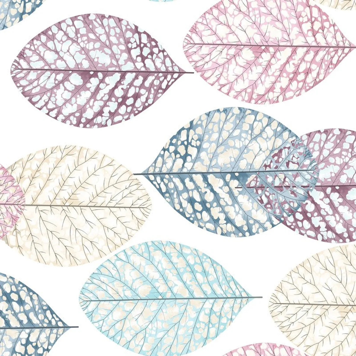 Close-up of the multicoloured leaf print on a curtain panel.