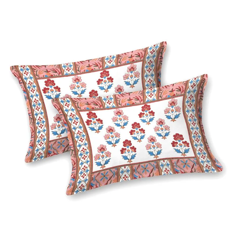 Set of two matching floral pillow covers with patterned borders