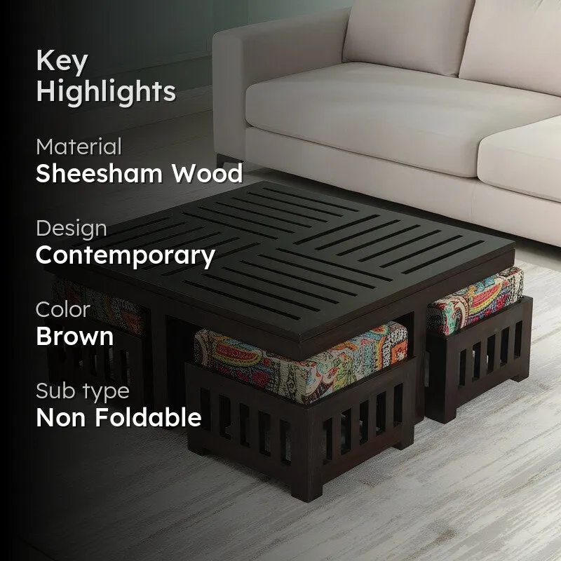 Hexiron Sheesham Wooden Center Table with Stools and Cushions (Brown) - Nine Piece Set media 2