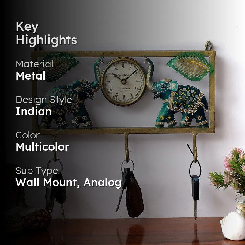 Elephant Frame Key Holder Accent Metal Wall Clock media 2