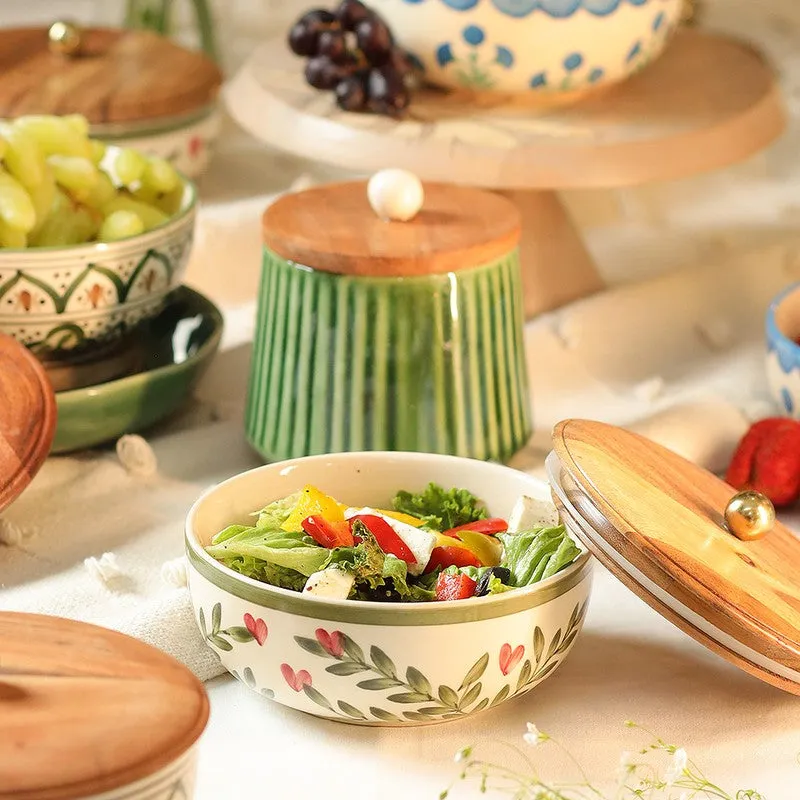 Spring Little Leafy Joy Ceramic Bowl with Mango Wood Lid - 750 mL media 7
