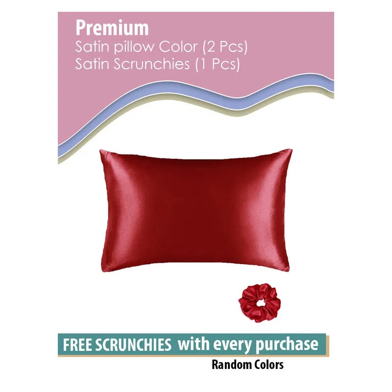 Red satin pillow cover and matching scrunchy shown together