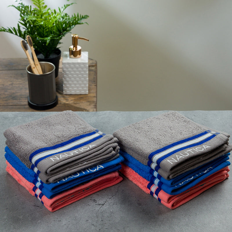 Nautica Dove Down Cotton Face Towel (Grey,Coral & Blue) - Set Of Twelve media 4