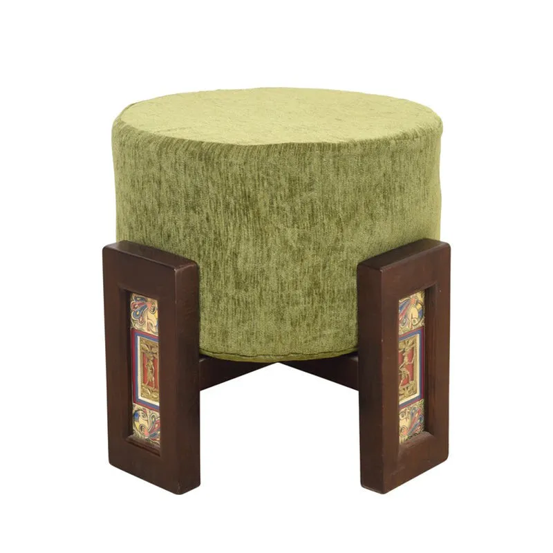 Suede Teak Wood Pouffe - Green media 4