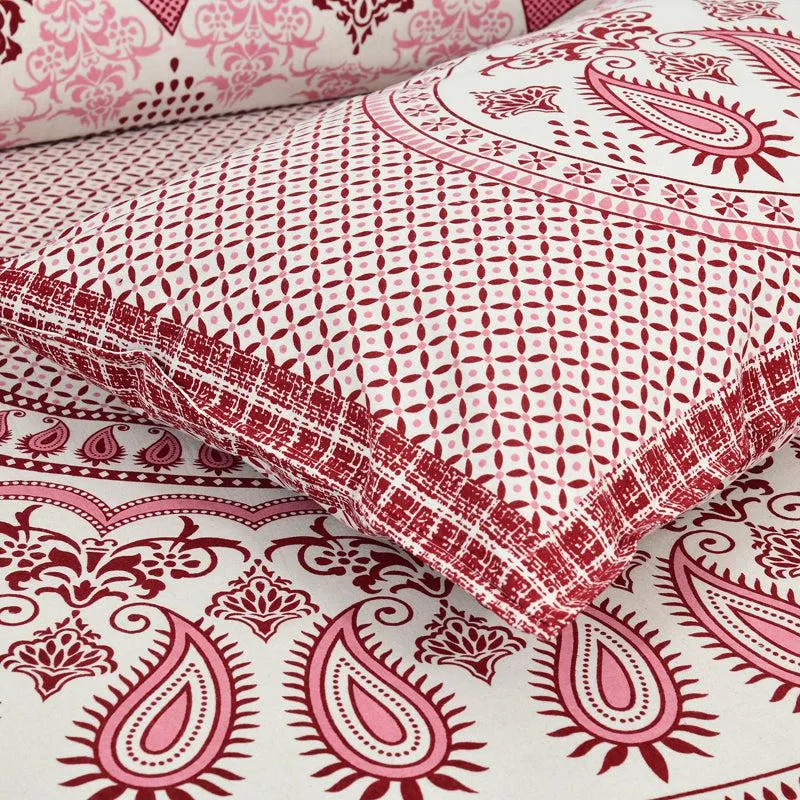 Trikaaya Ethnic Cotton Flat Bedsheet (White & Red) - 160 TC media 5