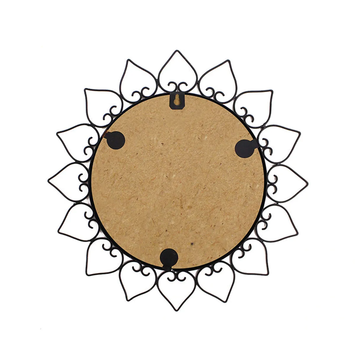 Back view of a round black wall mirror showing its hanging points