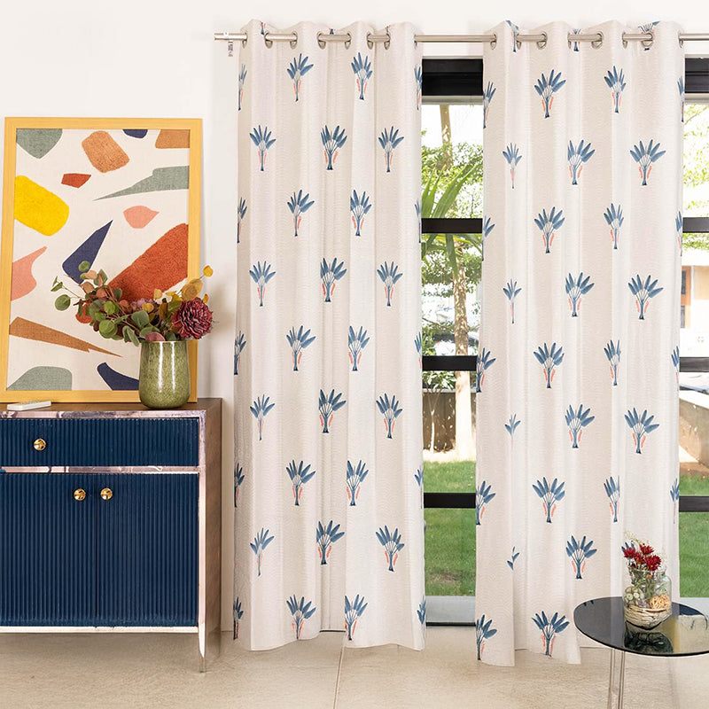 Ethnic Cotton Translucent Curtains - Set of Two, White and Blue media 2