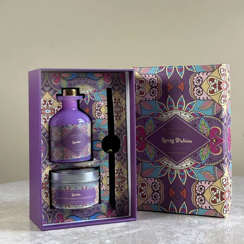 Open purple diffuser set beside its colourful patterned box