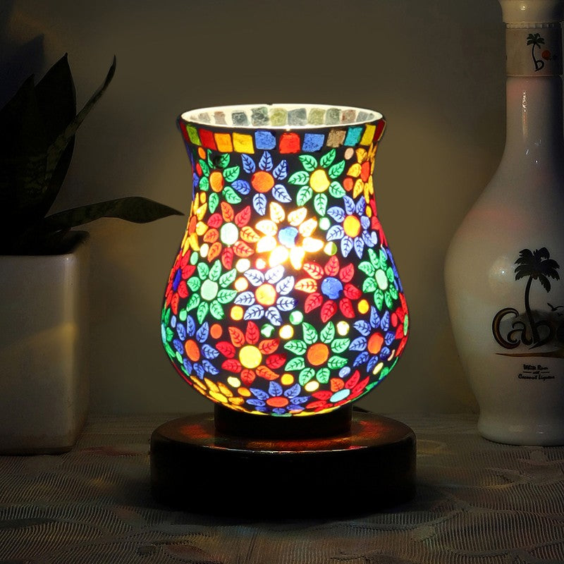 Gleemora Mosaic Glass Table Lamp With Wooden Base - Multicolor