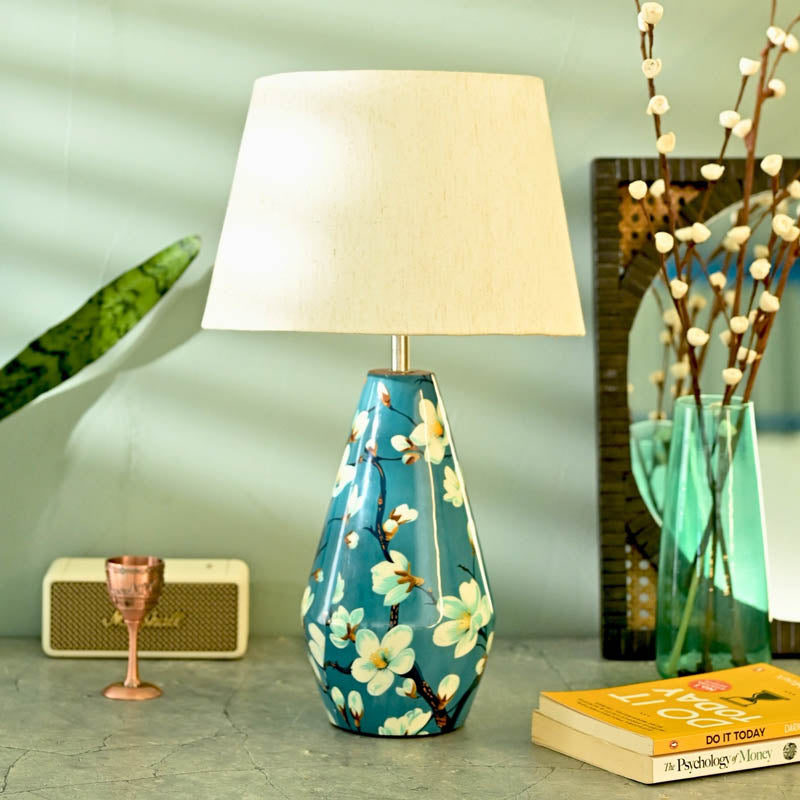 Blue Bloom Wooden Table Lamp - Blue,Beige media 2