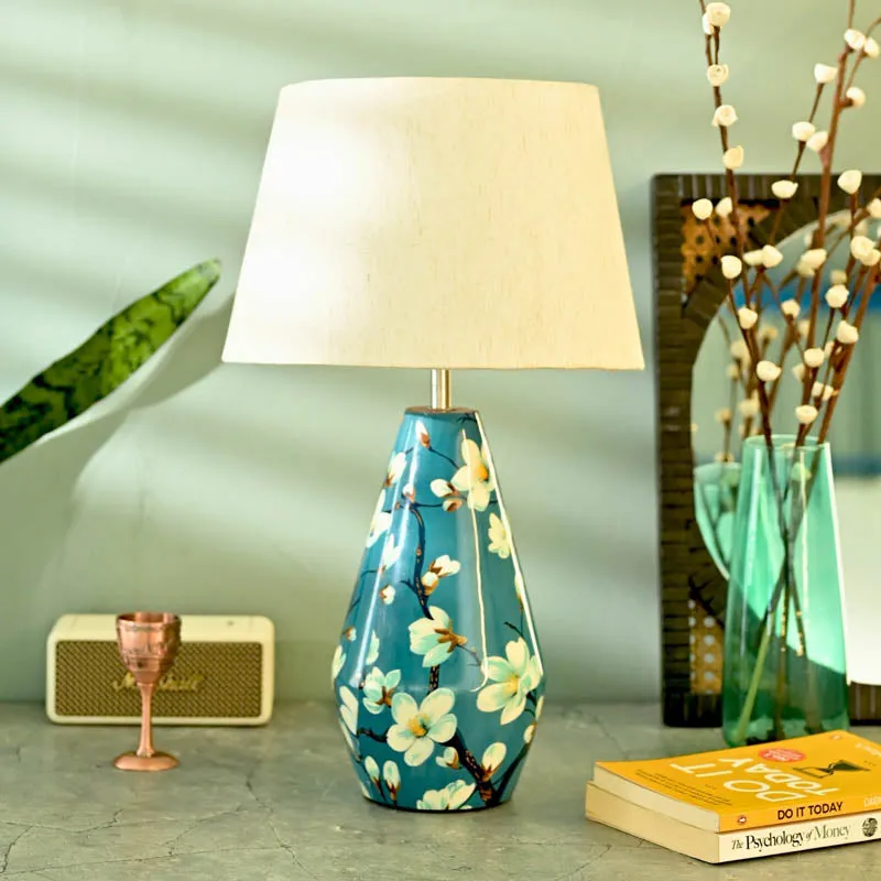 Blue Bloom Wooden Table Lamp - Blue,Beige media 2