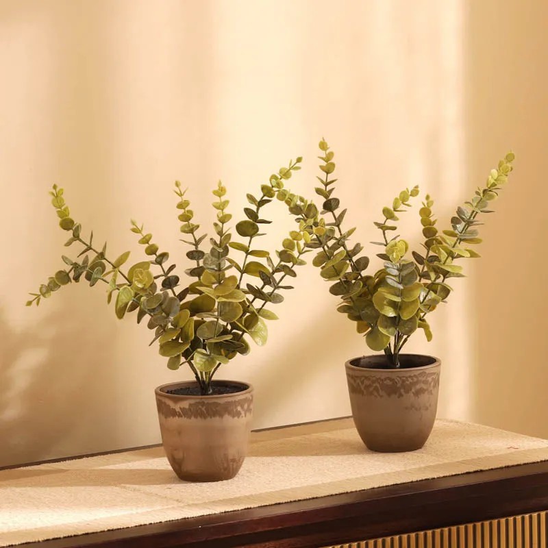 Artificial Eucalyptus Branch With Black Plastic Pot (Set Of Two) - 1 Feet media 1