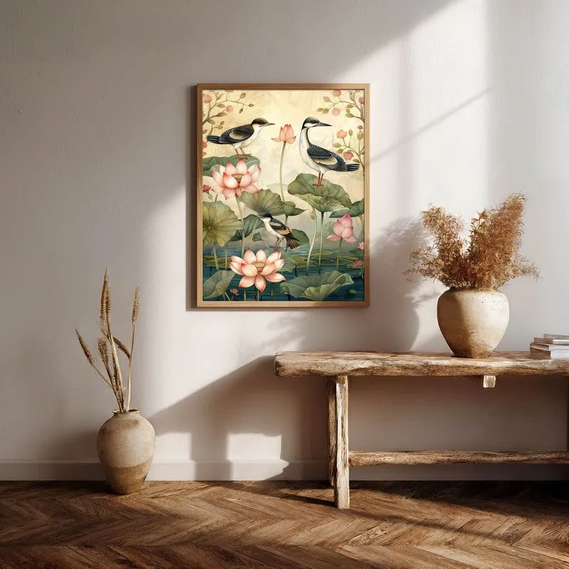 Lotus Pond Canvas Wall Painting With Brown Frame media 7