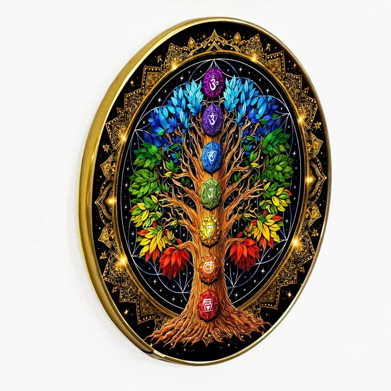 Angled close-up of round chakra tree wall art with a gold-toned edge and black background