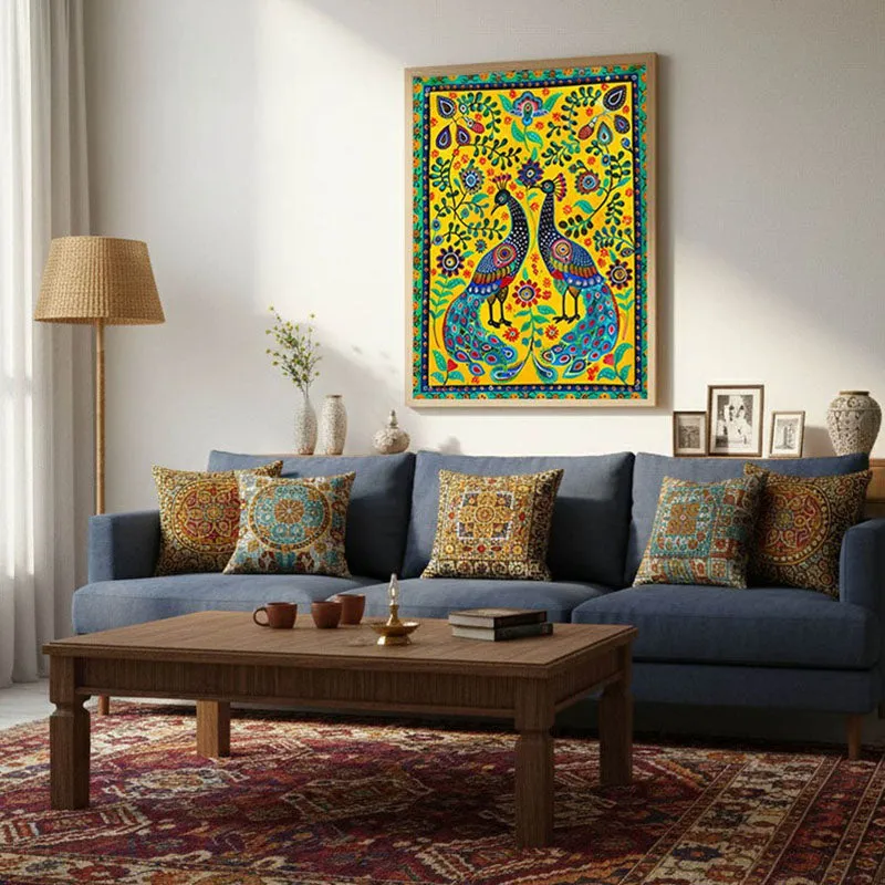 Colorful Peacock Folk Art Canvas Wall Painting With Brown Frame media 6