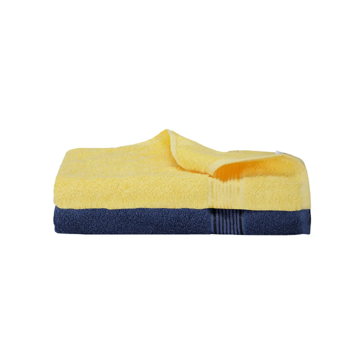 Folded yellow and dark blue bath towels shown together