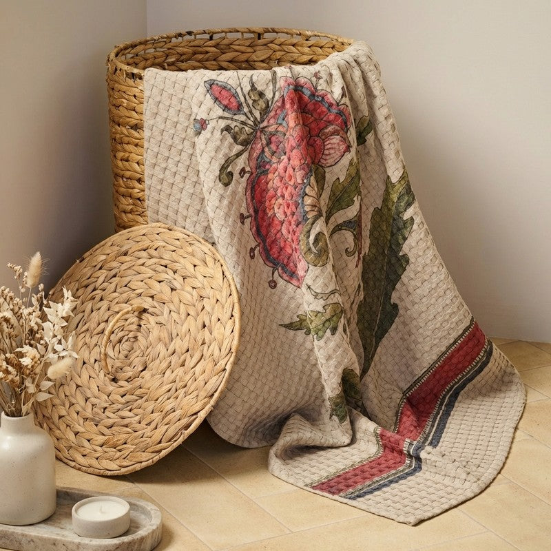Mehfil Floral Waffle Weave Bamboo Cotton Bath Towels - Off White