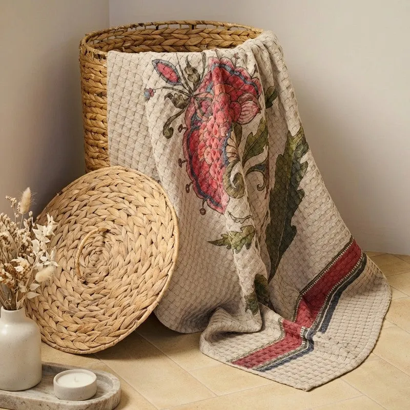 Mehfil Floral Waffle Weave Bamboo Cotton Bath Towels - Off White media 1